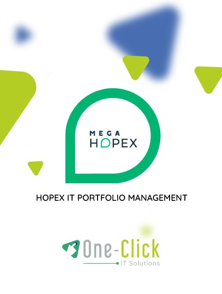 portada ilustrada con logo de mega hopex y one-click